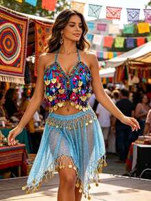 V Neck Multicolor Sequin Coin Halter Dance Crop Top Glitter Mesh Irregular Coin Tassel Dance Skirt Exotic Belly Dance Performance Outfit - Multicolor - View 6