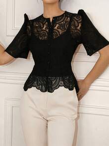 Modern Philippine Style Butterfly Sleeve Lace Top - Black - View 5