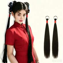 Women's Double Ponytail Chinese Ring Buckle Long Straight Hair New Chinese Style Ancient Costume Hanfu Cheongsam Wig Braids Hair Extensions Braids Women's Personalized Braided Ponytail Hair Accessories - Multicolor - View 2