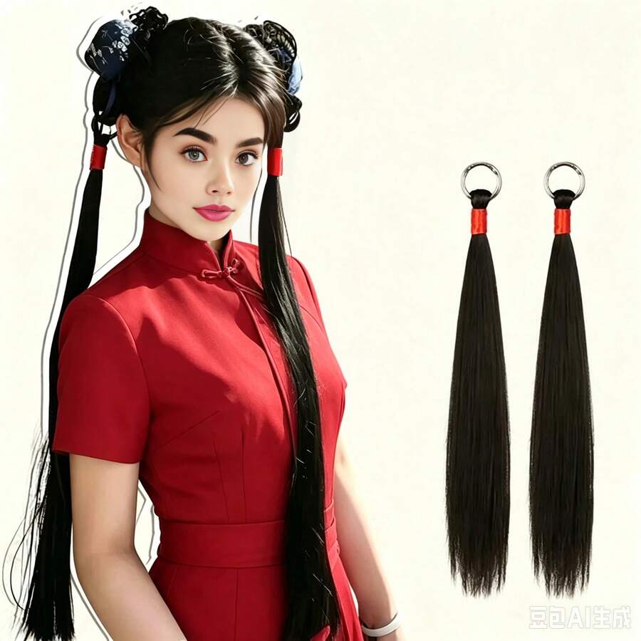 Women's Double Ponytail Chinese Ring Buckle Long Straight Hair New Chinese Style Ancient Costume Hanfu Cheongsam Wig Braids Hair Extensions Braids Women's Personalized Braided Ponytail Hair Accessories