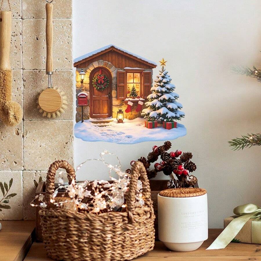 1pc Snowy Wooden House Christmas Wall Sticker, Self-Adhesive PVC Stone House Mailbox Lantern Christmas Tree Gift Box Wall Corner Floor Decoration Sticker, Suitable For Entryway Wall Corner Floor Christmas Atmosphere Decor - Christmas In a Snowy Wooden House - View 1
