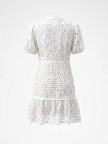 Vusalt 女款夏季白色重工刺繡蕾絲復古優雅泡泡袖修身法式度假洋裝，適合情人節、海灘、婚禮賓客、生日等場合，優雅女士度假穿搭派對洋裝，萬聖節與節日穿著 - 白色 - 查看 8