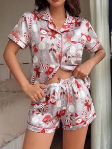 Christmas 2pcs Women's Satin Snowman & Reindeer Print Short Sleeve Collared Top And Bow Shorts Pajama Set - Grey - View 4