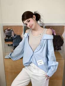 Blus Longgar Lengan Panjang Berlapis Model 2 In 1 Desain Niche Colorblock Bahu Terbuka untuk Gadis Seksi Musim Semi - Biru muda - View 3