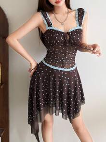 Top Dazzle Women's Bohemian Brown Polka Dot Skirt, Semi-Sheer Back Square Neck T-Shirt Dress, Fashionable Style - Coffee - View 6