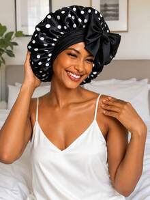 CONFLASS Polka Dot Satin Hair Bonnet With Big Bow, Single‑Layer Elastic Sleep Cap For Women, Curly Hair Protection Hat Back To School - Multicolor - View 4