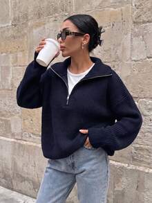 Navy Blue Half Zip Ribbed Knit Lapel Collar Drop Shoulder Long Sleeve Plus Size Plus Size Women's Casual Y2K Back To School Holiday Top Fall Winter - Navy - View 1