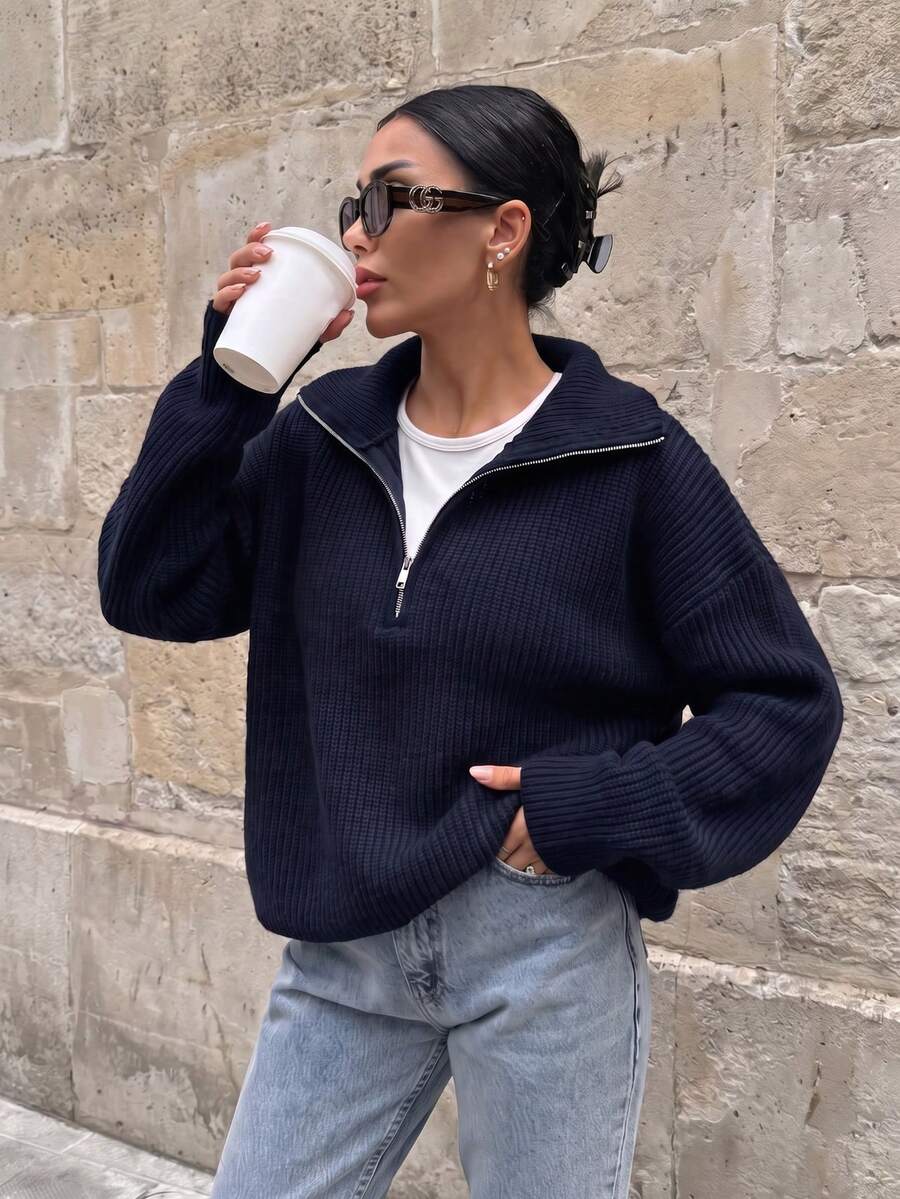 Navy Blue Half Zip Ribbed Knit Lapel Collar Drop Shoulder Long Sleeve Plus Size Plus Size Women's Casual Y2K Back To School Holiday Top Fall Winter - Navy - View 1