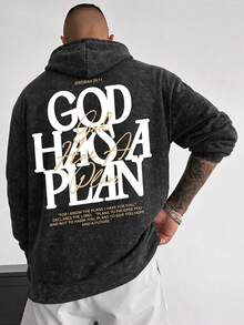Men's Autumn/Winter Washed Distressed Hoodie With English Print On Back And Drawstring - Black - View 1