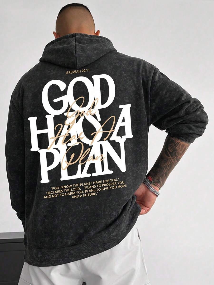 Men's Autumn/Winter Washed Distressed Hoodie With English Print On Back And Drawstring - Black - View 1