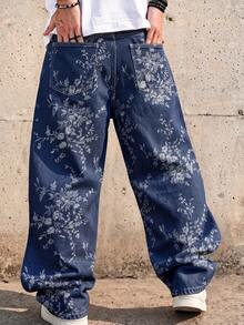 Men's Dark Blue All-Over Floral Jacquard Loose Wide Leg Jeans, Y2K Street Style Oversized Casual Long Pants - Blue - View 2