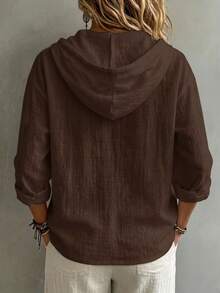 Women's Solid Color Shirt, Casual Style, Single-Breasted Design, With Drawstring Hood And Long Sleeves, Loose And Comfortable Fit, Suitable For Daily Wear, Gatherings And Office Occasions. - Coffee Brown - View 3