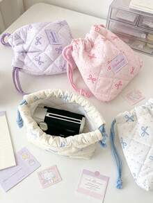 Cute Bow Print Drawstring Storage Bag, Soft Quilted Makeup Bag, Portable Cosmetic Organizer, Mini Camera Storage Pouch, Suitable For Daily Travel, Toiletries And Miscellaneous Items - Multicolor - View 4