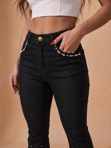 pthirillo Women's Black Flare Jeans With Rhinestones, High Waist, Butt-Lifting, Premium Shine - Lumina Pearls 酒吧和口袋 - 查看 5