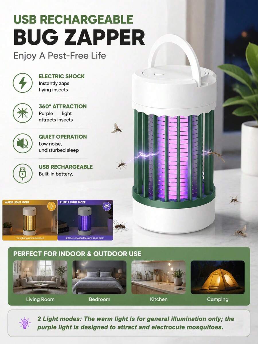 Bug Zapper Rechargeable Hanging Mosquito Zapper For Indoor Outdoor, Mosquito Lamp - 1200mAh Portable Insect Trap For Indoor/Outdoor, Electronic Pest Control For Home, Bedroom, Patio, Kitchen, Garden, Lawn