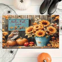 1pc Autumn Series Hello Fall Owl & Sunflower Pattern Printed Faux Cashmere Surface TPR Bottom Doormat, Bathroom Mat, Kitchen Mat, Laundry Room Mat, Holiday Atmosphere Decor, Home Decor, Party Decor, Wedding Decor, Dining & Kitchen Decor - Multicolor - View 4