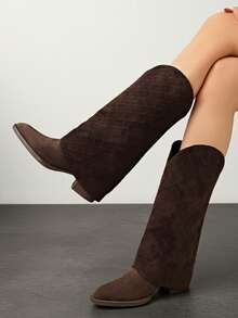 Plus Size Wide Foot Diamond Quilted V-Cut Pointed Toe Chunky Heel Slouchy Slip-On Western Style Tall Boots - Brown - View 5