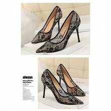 Women Black Floral Lace Mesh Pointed Toe Stiletto Pumps, Sheer See‑Through Slip‑On High Heel Dress Shoes For Wedding Party Club Evening - Negro - Ver 3
