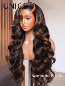 7x5 Bye Bye Slip™ Lace Closure Mixed Black With Gold Brown Highlights Body Wave Wig With Drawstring, Silky Wave, Face-Framing Layers, Pre-Cut Pre-Bleached Pre-Plucked, Glueless, 100% Human Hair, Transparent Lace, Beginner Friendly Unice Wig - SNATURAL/30 - View 2