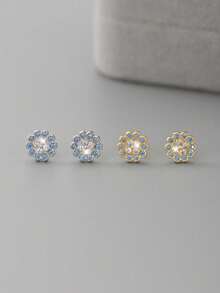1 Pair S925 Sterling Silver French Light Blue Geometric Flower Stud Earrings With Rhinestones, Gentle Vintage Elegant Commute Mini Huggie Earrings For Women - Geometry - View 5