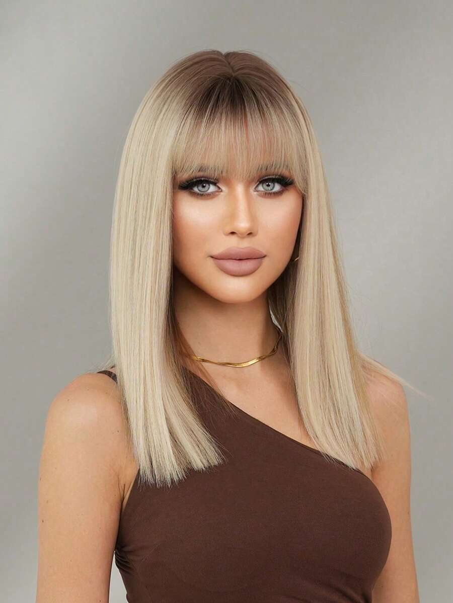 20-Inch Medium-Length Linen Blonde Highlight Wig Mixed Brown Synthetic Straight Wig With Bangs Dark Roots, High Density Heat-Resistant Fiber Natural Fluffy Wigs For Women Daily Party Wear, Seasons Use - 亞麻金 - 查看 1