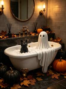 1pc Halloween Ghost Bathtub Decoration, Spooky Black Cat And White Ghost Bath Ornament With Pumpkin And Bat Pattern, Resin Gothic Style Desktop Centerpiece, Halloween Party Home Decor, Suitable For Fireplace Mantel, Windowsill, Entryway, Bedroom, Autumn Harvest Pumpkin Bat Ghost Decoration, Collectible, Unique Spooky Gift For Halloween Enthusiasts - Bathtub Ghost - View 2