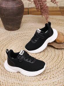 1 Pair Kids' Black Mesh Hook & Loop Thick Sole Casual Sports Shoes, Suitable For Daily School And Outdoor Occasions - Black - View 3