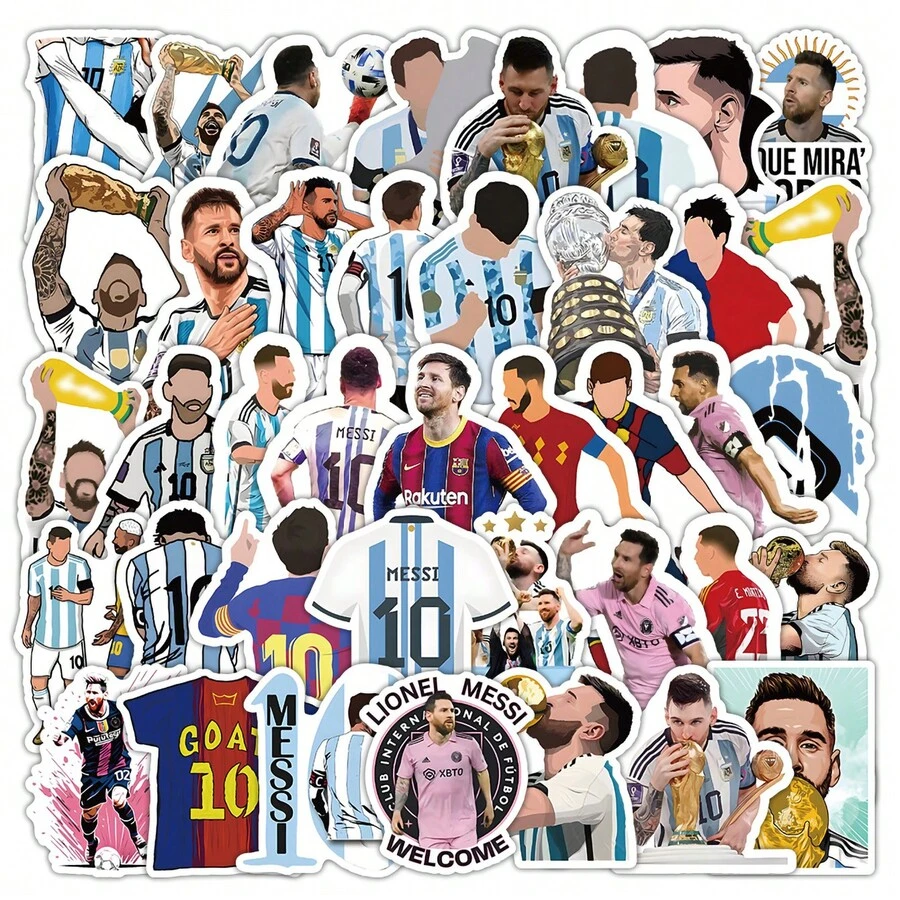 FIFA 50Pcs Messi Football Stickers, Argentina No. 10 Jersey, Trophy, Celebration & Player Graphics For DIY Scrapbook Decoration And Soccer Fans - Multicolor - View 1