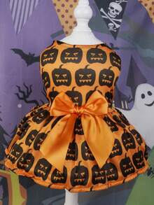 Halloween Pumpkin Print Dog Dress, Matching Bow And Ruffled Collar Set, Cute Orange And Black Halloween Costume, Lantern Pattern, Party Pumpkin Dress, Glittery Pumpkin Bow Hair Clip And Glittery Mesh Ruffled Collar - Multicolor - View 4