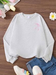 Bộ 2 món cho bé gái tuổi teen gồm áo nỉ cổ tròn có nơ và in chữ tiếng Anh, phối cùng quần ống rộng đơn giản phong cách thường ngày, thoải mái cho mùa thu/đông - Màu Xám nhạt - Xem 4