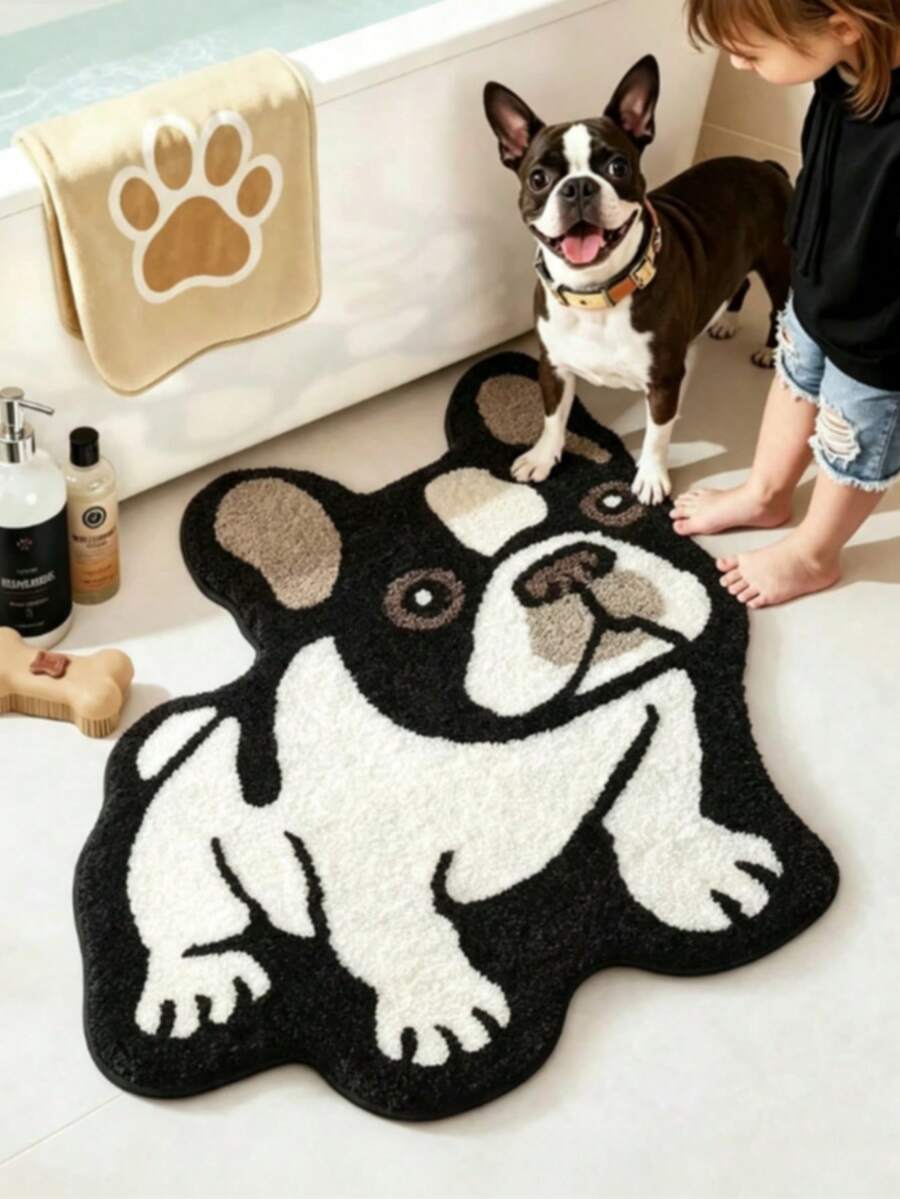1pc Black & White French Bulldog Shaped Rug, Pink Bedroom Decor, Small Rug, Carpet, Home Decor, Living Room Carpet, Living Room Small Rug, Bedroom Rug, Living Room Home Decor, Outdoor Rug, Washable Rug - Multicolor 2 - View 1