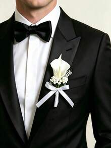 1pc Elegant Wedding White Calla Lily & Pearl Bridal Bouquet, Wedding Floral Decor Bouquet With Bow Accent, Photo Prop, Suitable For Bride, Bridesmaid, Mother's Day, Party Wreath - Multicolor - View 9