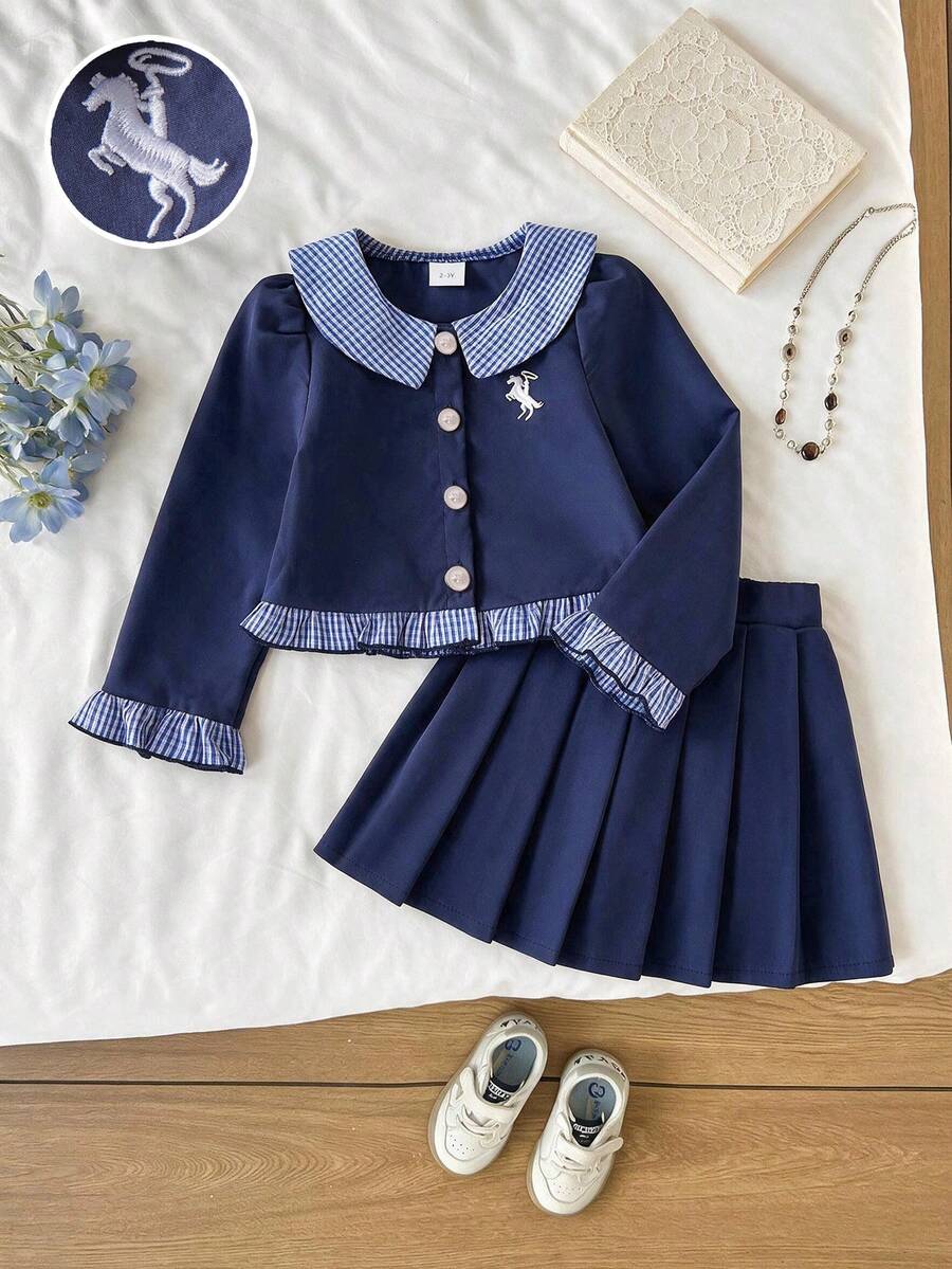 2pcs/Set Girls' Casual Preppy Style Turn-Down Collar Plaid Ruffle Blouse & Pleated Skirt Set, Autumn - Royal Blue - View 1