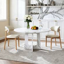 Round Dining Table Set With White MDF Top And Beech Wood Chairs – Ideal For Dining Room Or Living - 白色 - 查看 2