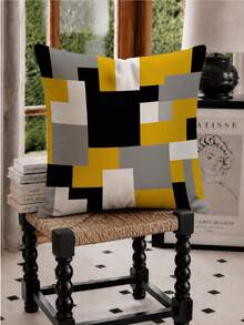 1pc Modern Abstract Patchwork Color Block Geometric Print Pillow Case [Without Pillow Insert], 40*40cm/45*45cm/50*50cm, [Single-Sided Print] Made Of Polyester Material Yellow Gray Black Mosaic Color Block Retro Plaid Sofa Atmosphere Cushion Cover Room Decor, Home Decor, Bedroom Decor, Room Decoration Stuff For Sofa, Living Room, Bedroom, Car, Office, Hotel, Homestay Decoration Pillow Covers Perfect Gift For Family And Friends - Multicolor - View 6