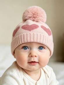 1pc Baby Girl Newborn Toddler Pom-Pom Heart Beanie Hat Earflap Hat,Cozy Knit Winter Warm Heart Cute Hat For Kids, Outdoor Baby Accessories Bonnet - Multicolor - View 5