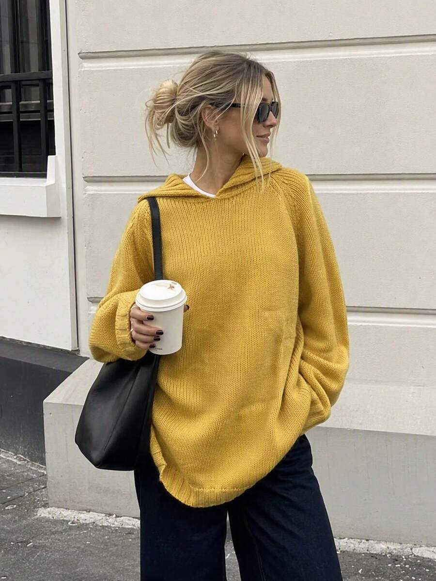 Yellow Loose Knit Pullover Sweater For Women, Autumn/Winter, Slouchy, Soft & Cozy Design Top - Yellow - View 1