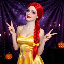 Bright Red Long Single‑Braid Synthetic Cosplay Wig For Women, Yellow Bow Hair Accessory Optional, Smooth Straight Braided Wig For Halloween Party Stage Fancy Dress & Anime Conventions - Multicolor - View 1