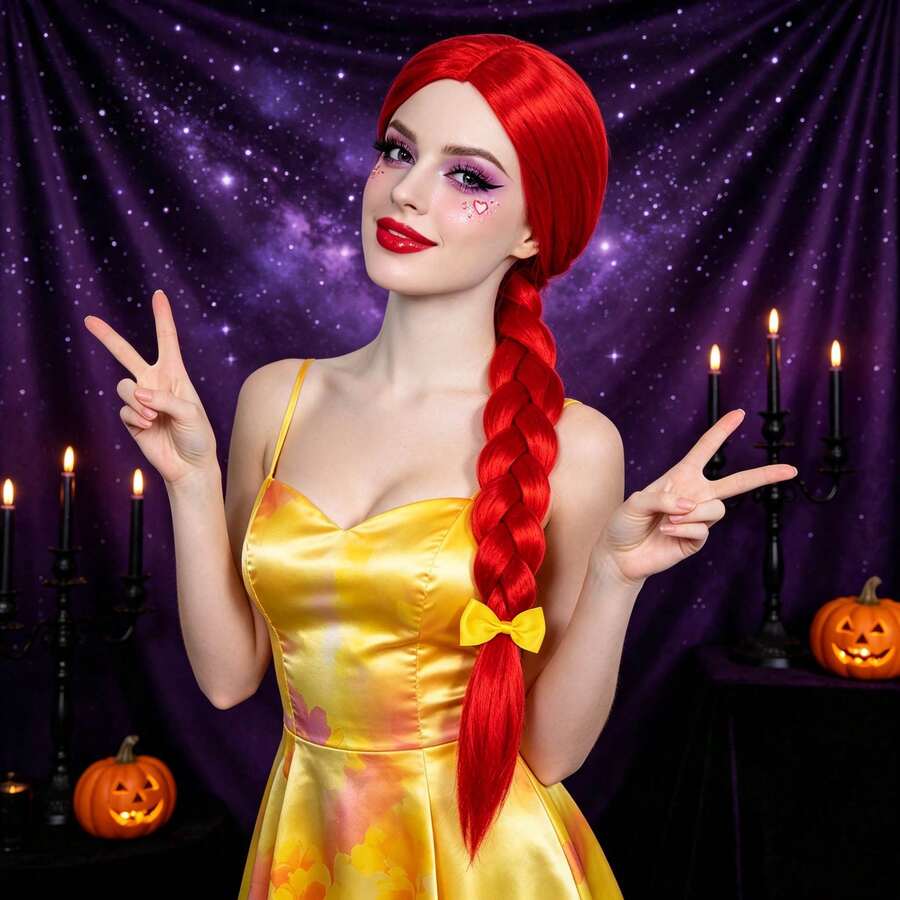 Bright Red Long Single‑Braid Synthetic Cosplay Wig For Women, Yellow Bow Hair Accessory Optional, Smooth Straight Braided Wig For Halloween Party Stage Fancy Dress & Anime Conventions - Multicolor - View 1