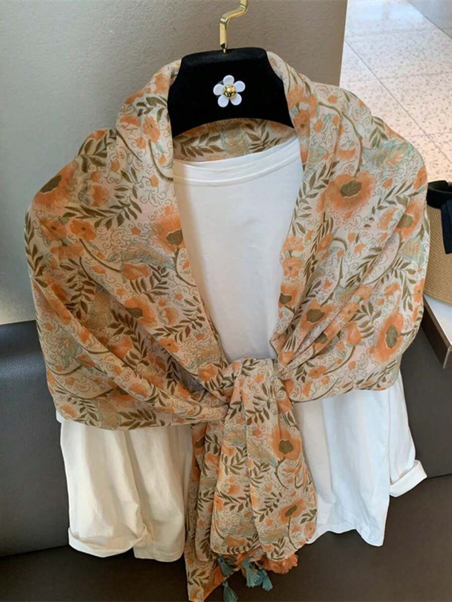 1件裝女款波希米亞豹紋幾何拼接防曬披肩頭巾圍巾 - S51004-橘色 - 查看 1