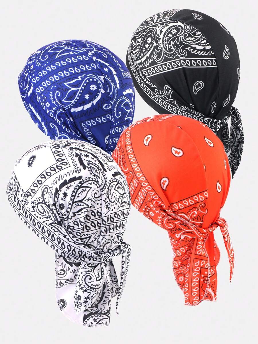 4pcs Men's Printed Elastic Pirate Headband Caps, Tie-Up Headwrap Hats, Suitable For Daily Use - Black/Royal Blue/Orange/White - View 1