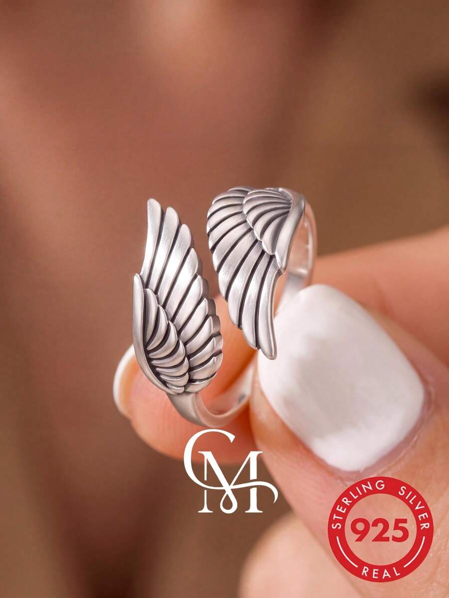 1pc 925 Sterling Silver Bold Wing Open Ring, Suitable For Women To Match Bracelets And Earrings, DIY Jewelry Making - Style 3 - View 1