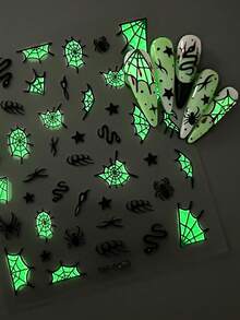 4 Sheets Luminous Glow‑In‑The‑Dark Halloween Nail Stickers For Women, Spider Web Bat Snake Gothic Design, Salon Effect DIY Manicure Decor - Multicolor - View 6