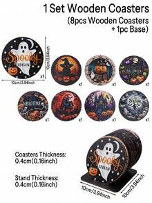1 Set Halloween Wooden Coasters, Halloween Gothic Style Non-Slip Coasters, Halloween Decoration, Halloween Party Decoration, Halloween Trick Or Treat Decoration, Scary Halloween Decoration, Ghost BOO/Pumpkin/Witch Pattern Coasters, Home Decor, Tabletop Decor - Halloween Mix - View 5