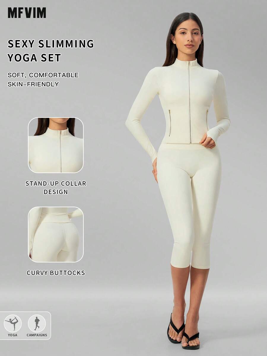 MFVIM Women's Versatile Yoga Set, Soft Skin-Friendly Fitted Jacket + Butt-Lifting Slimming Capris Leggings Riding Pants - Creamy White - View 1