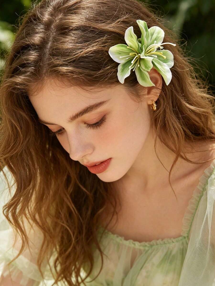 1 pieza Pinza para el cabello con flor de rododendro, estilo bohemio, accesorio versátil para el cabello para niñas, adecuado para viajes & fotografía - Verde - Ver 1