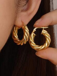 1pc European & American Luxury Style Thick Twisted Rope Hoop Earrings, Copper Plated Gold Hollow Lightweight Clip-On Earrings, High-End Versatile Commute Party Elegant Women's Jewelry - Gold - View 2