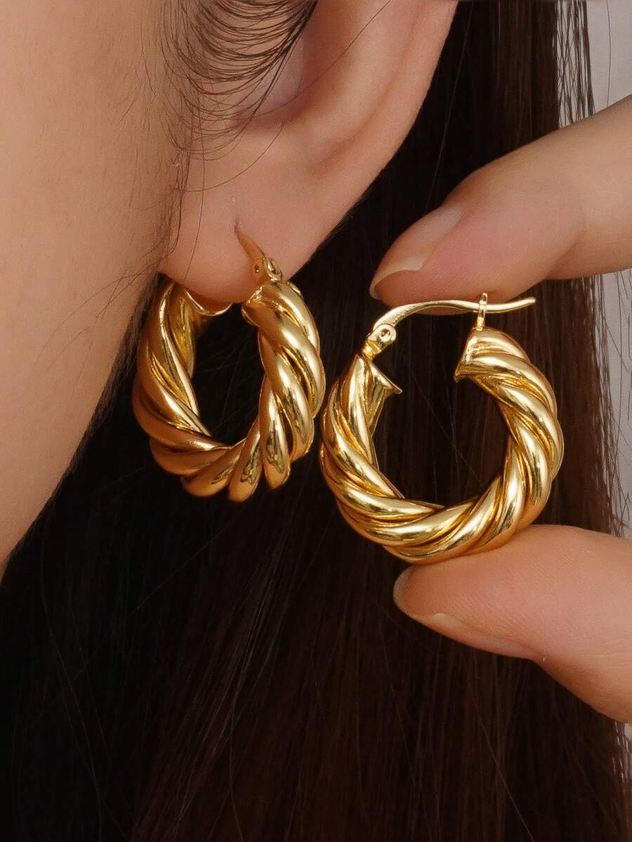 1pc European & American Luxury Style Thick Twisted Rope Hoop Earrings, Copper Plated Gold Hollow Lightweight Clip-On Earrings, High-End Versatile Commute Party Elegant Women's Jewelry