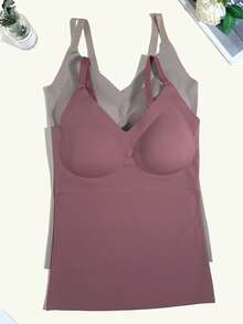 3pcs Plus Size Minimalist Solid Color Seamless Backless Camisole Bra, Summer Thin Wire-Free Push-Up Bra Tank Top For Women - Multicolor - View 3