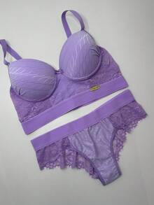 Conjunto Plus Size Cropped Rendado Tecido Brilhoso Forrado Bojo Aro Sexy Resistente - Lavanda - Visão 5